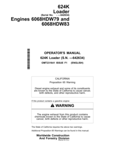 John Deere 624K Loaders Operator's Manuals (OMT231641)