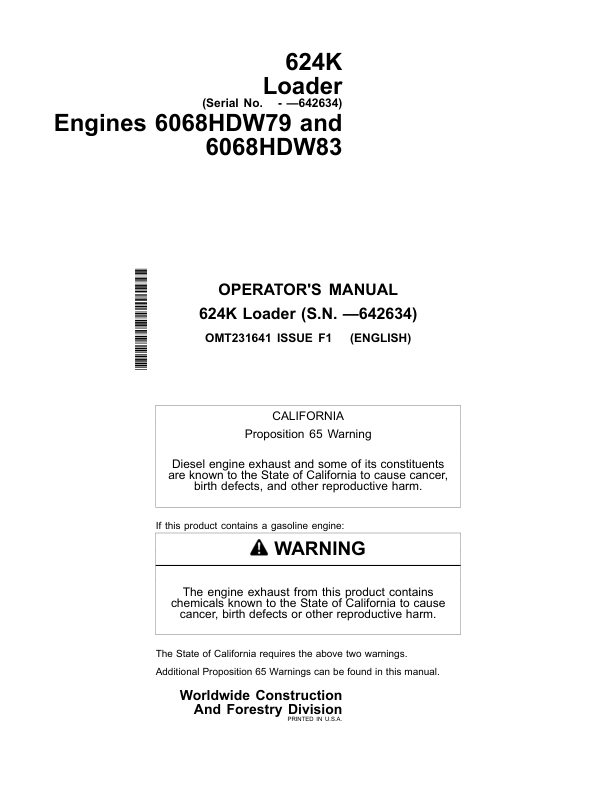 John Deere 624K Loaders Operator's Manuals (OMT231641)
