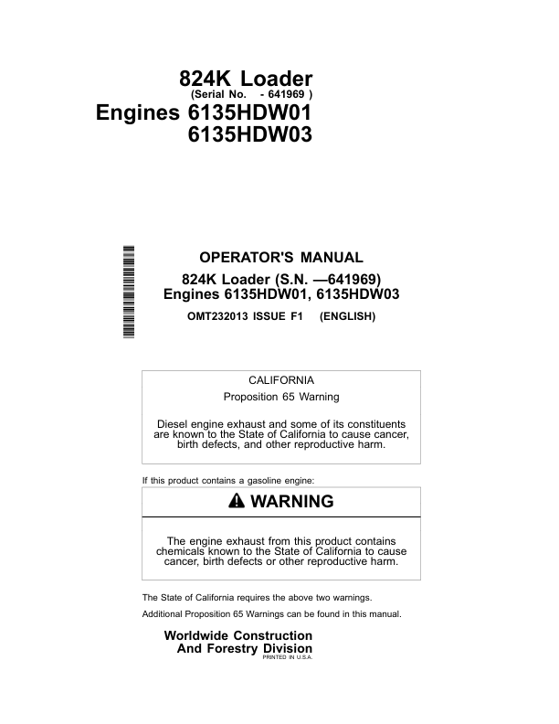 John Deere 824K Loaders Operator's Manuals (OMT232013)
