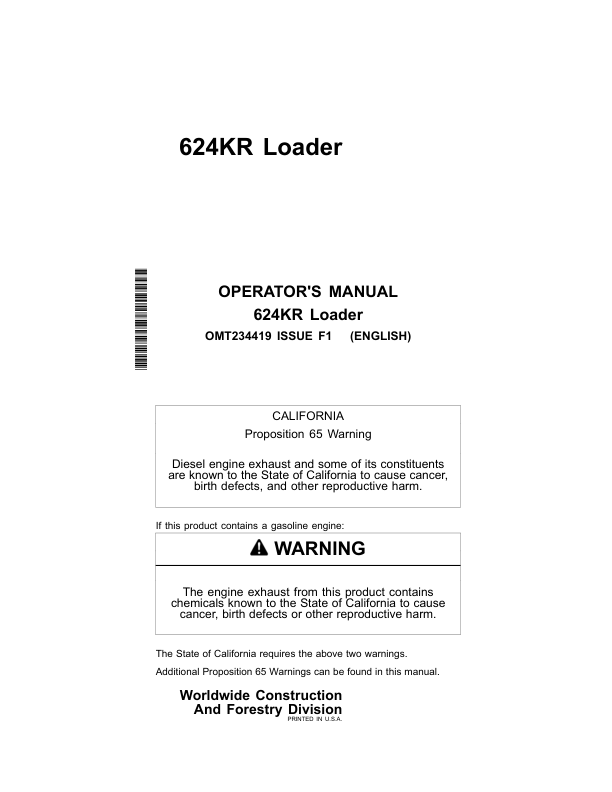 John Deere 624KR Loaders Operator's Manuals (OMT234419)