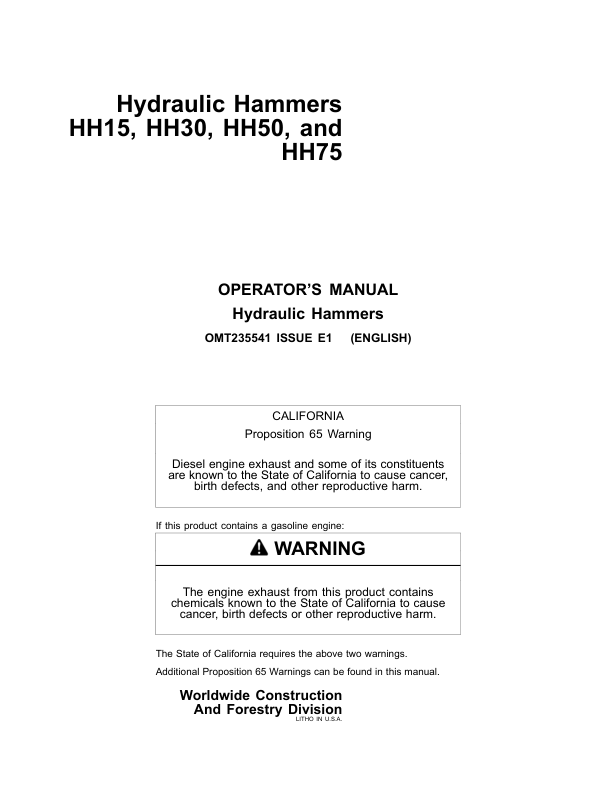 John Deere HH15, HH30, HH50, HH75 Worksite Pro Attachments Operator's Manuals (OMT235541)
