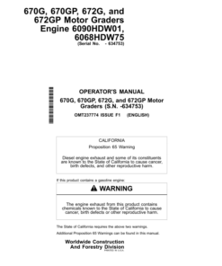 John Deere 670G, 670GP, 672G, 672GP Motor Graders Operator's Manuals (OMT237774)