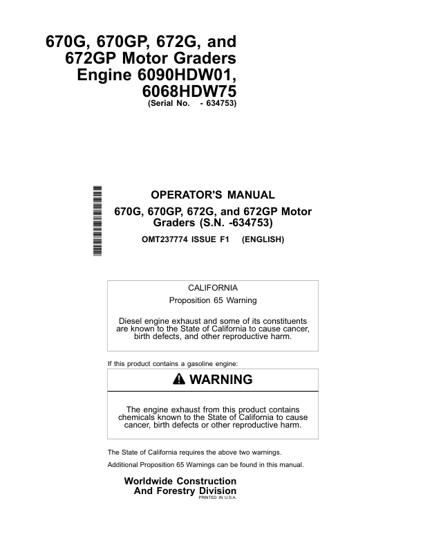 John Deere 670G, 670GP, 672G, 672GP Motor Graders Operator's Manuals (OMT237774)
