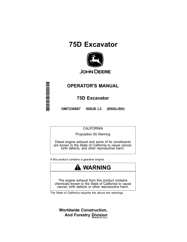 John Deere 75D Excavators Operator's Manuals (OMT239667)