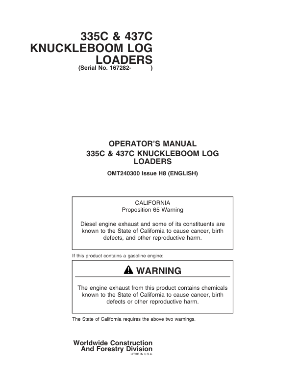 John Deere 335C, 437C Knuckleboom Loader Operator's Manuals (OMT240300)