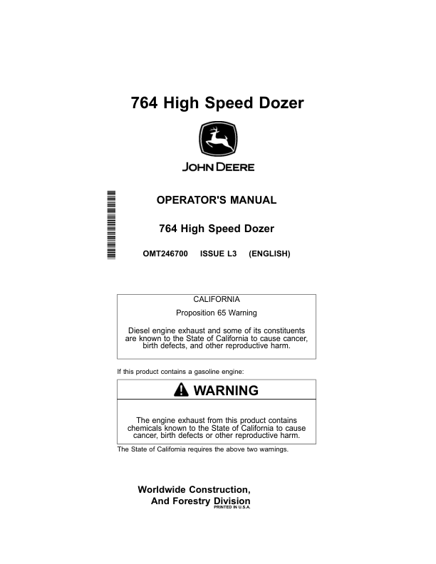 John Deere 764 High Speed Dozer Operator's Manuals (OMT246700)