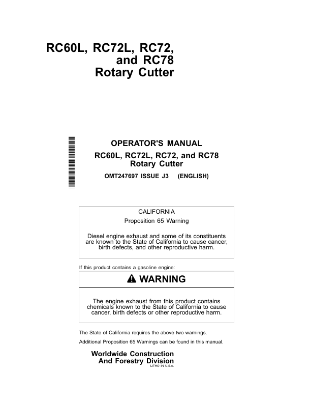 John Deere RC60L, RC72L, RC72, RC78 Rotary Cutters Operator's Manuals (OMT247697)