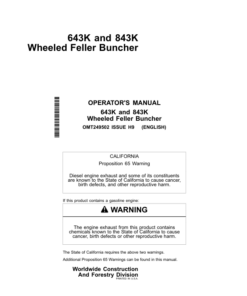 John Deere 643K, 843K Wheeled Feller Bunchers Operator's Manuals (OMT249502)