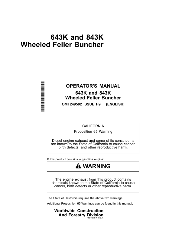 John Deere 643K, 843K Wheeled Feller Bunchers Operator's Manuals (OMT249502)