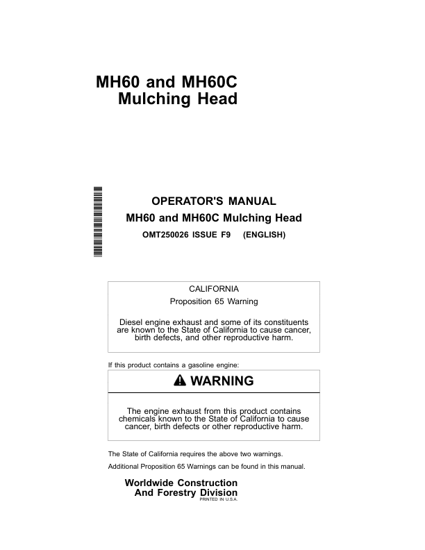 John Deere MH60, MH60C Worksite Pro Attachments Operator's Manuals (OMT250026)