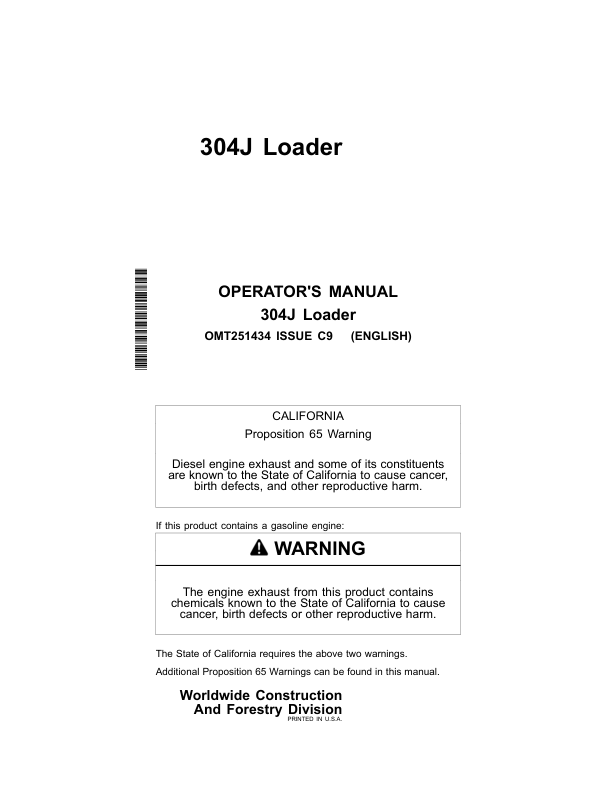 John Deere 304J Loaders Operator's Manuals (OMT251434)