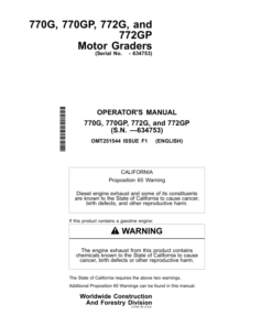 John Deere 770G, 770GP, 772G, 772GP Motor Graders Operator's Manuals (OMT251544)