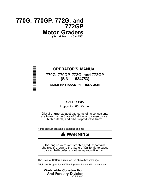 John Deere 770G, 770GP, 772G, 772GP Motor Graders Operator's Manuals (OMT251544)