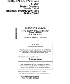 John Deere 870G, 870GP, 872G, 872GP Motor Graders Operator's Manuals (OMT251546)