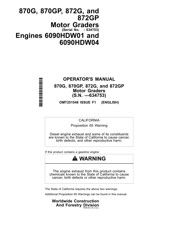 John Deere 870G, 870GP, 872G, 872GP Motor Graders Operator's Manuals (OMT251546)