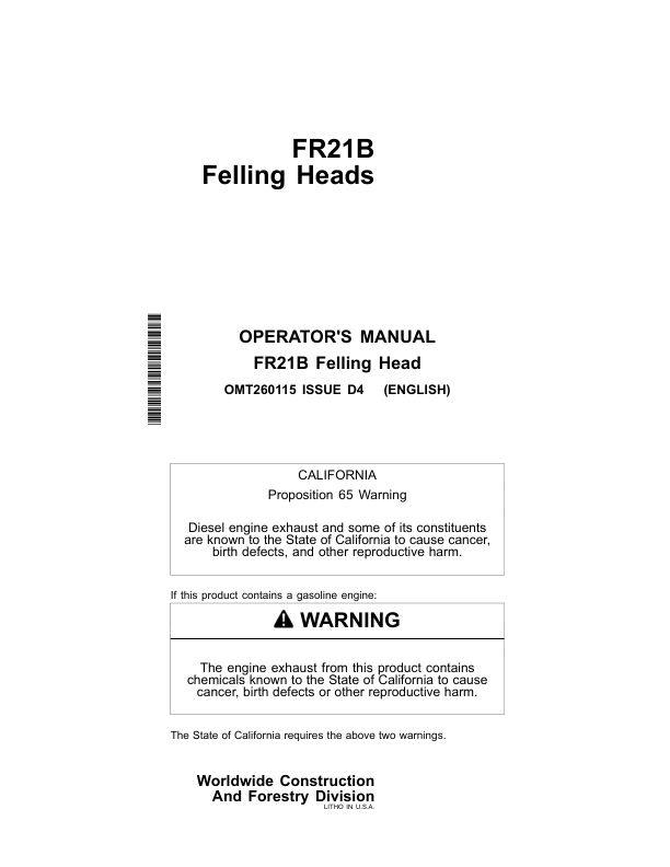 John Deere FR21B Felling Heads Operator's Manuals (OMT260115)