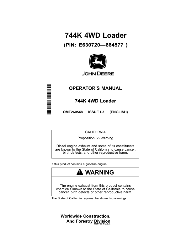 John Deere 744K Loaders Operator's Manuals (OMT260548)