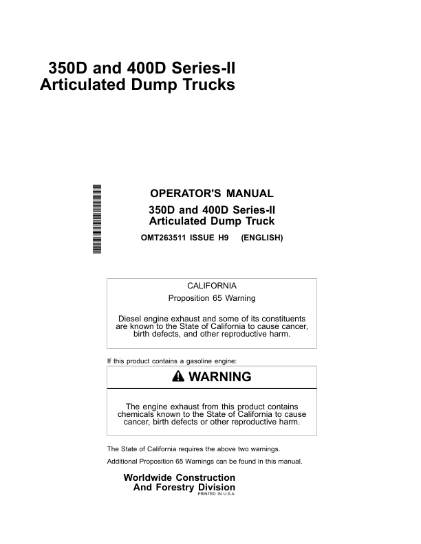 John Deere 350D SERIES II, 400D SERIES II Articulated Dump Trucks Operator's Manuals (OMT263511)