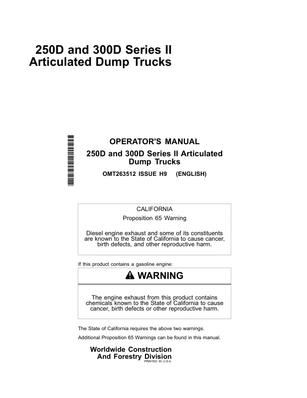 John Deere 250D, 300D Articulated Dump Trucks Operator's Manuals (OMT263512)