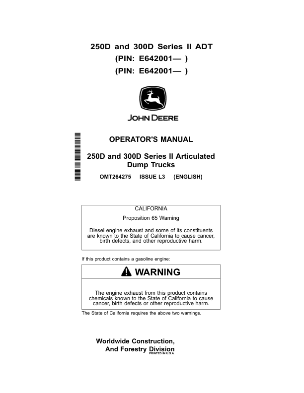 John Deere 250D SERIES II, 300D SERIES II Articulated Dump Trucks Operator's Manuals (OMT264275)