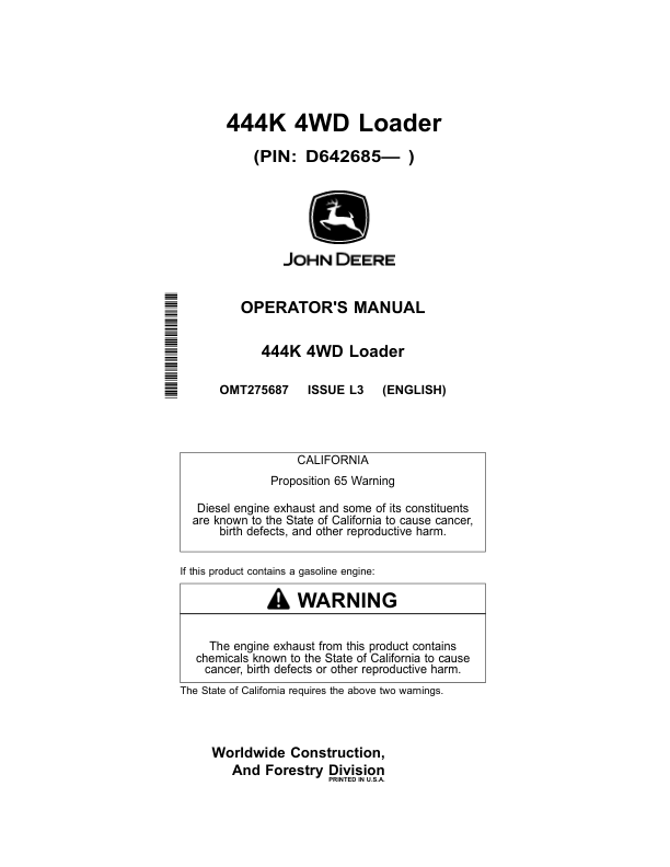 John Deere 444K Loaders Operator's Manuals (OMT275687)