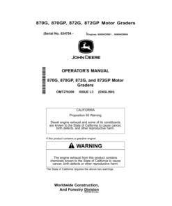 John Deere 870G, 872G, 870GP, 872GP Motor Graders Operator's Manuals (OMT278209)