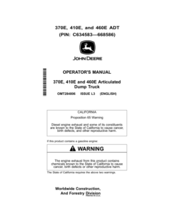 John Deere 370E, 410E, 460E Articulated Dump Trucks Operator's Manuals (OMT284806)