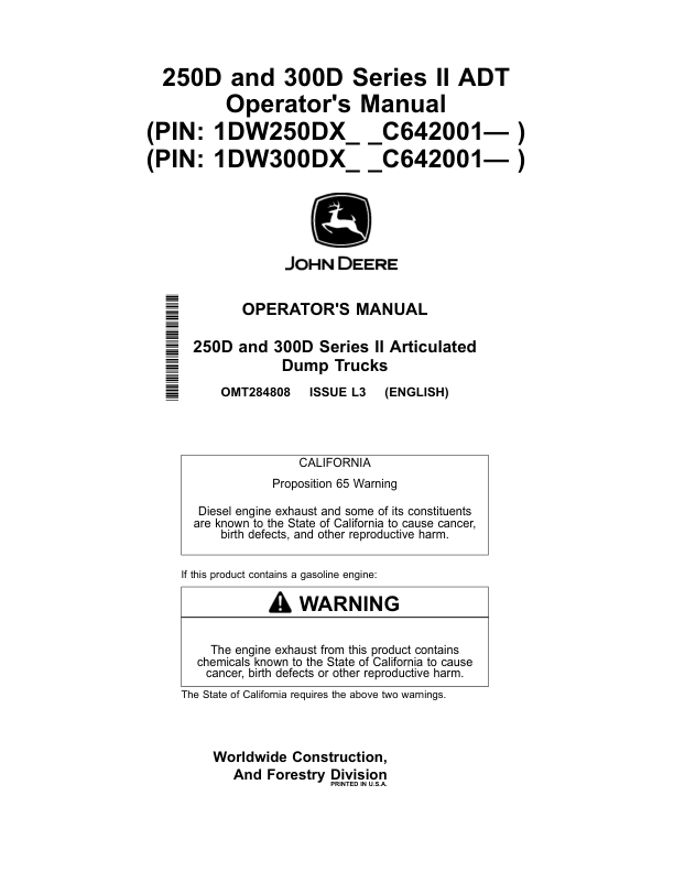 John Deere 250D SERIES II, 300D SERIES II Articulated Dump Trucks Operator's Manuals (OMT284808)