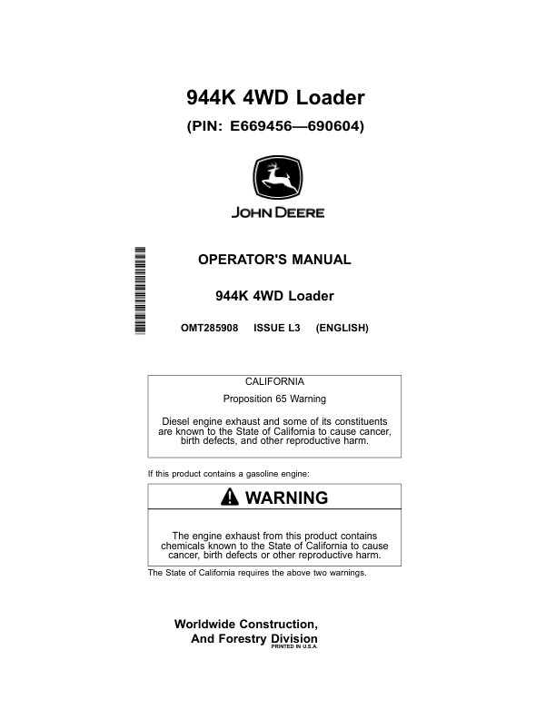 John Deere 944K Loaders Operator's Manuals (OMT285908)