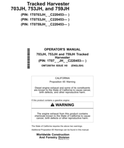 John Deere 703JH, 753JH, 759JH Tracked Harvesters Operator's Manuals (OMT288784)