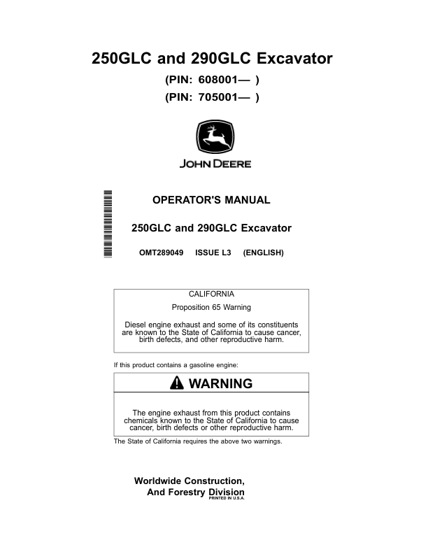 John Deere 250GLC, 290GLC Excavators Operator's Manuals (OMT289049)