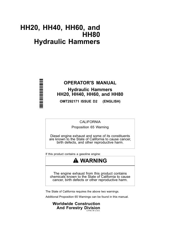 John Deere HH20, HH40, HH60, HH80 Attachments Operator's Manuals (OMT292171)