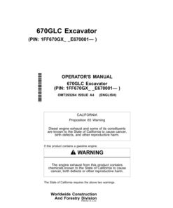 John Deere 670GLC Excavators Operator's Manuals (OMT293264)