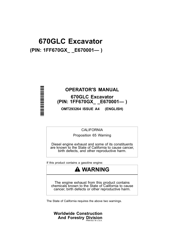 John Deere 670GLC Excavators Operator's Manuals (OMT293264)