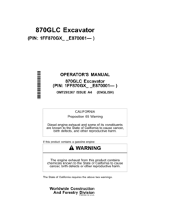 John Deere 870GLC Excavators Operator's Manuals (OMT293267)