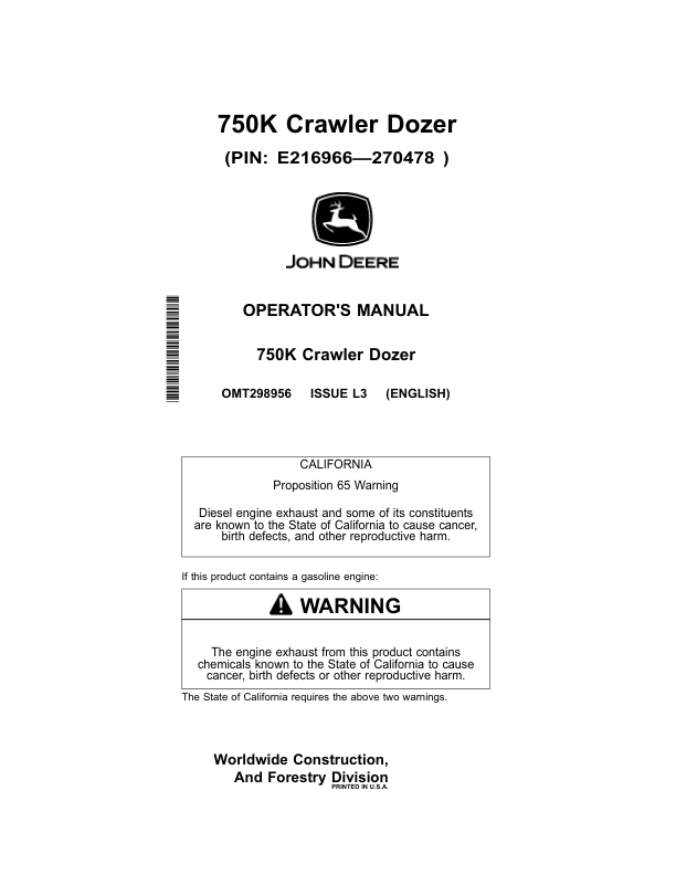 John Deere 750K Crawler Dozers Operator's Manuals (OMT298956)