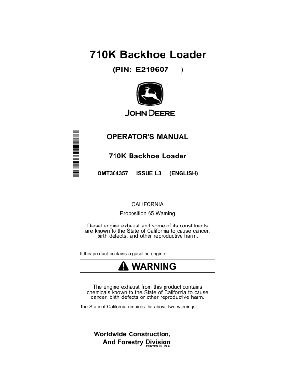 John Deere 710K Backhoe Loaders Operator's Manuals (OMT304357)