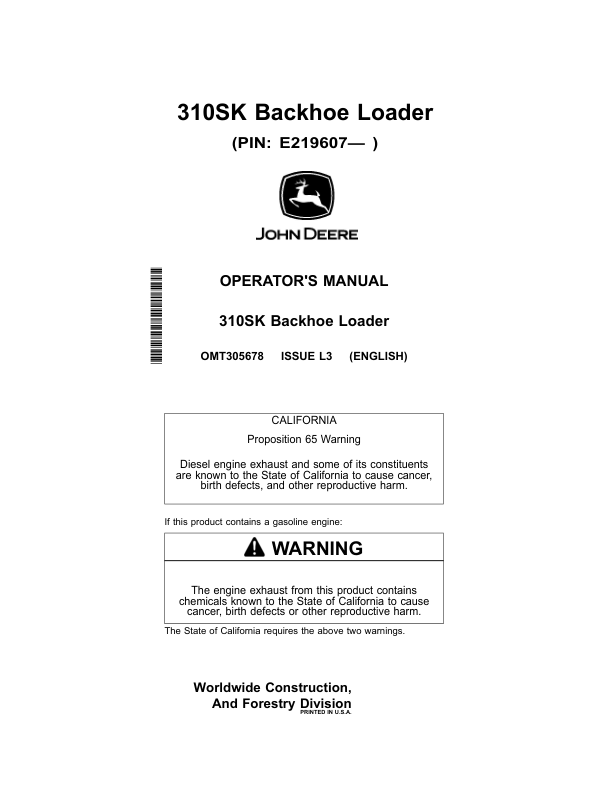 John Deere 310SK Backhoe Loaders Operator's Manuals (OMT305678)
