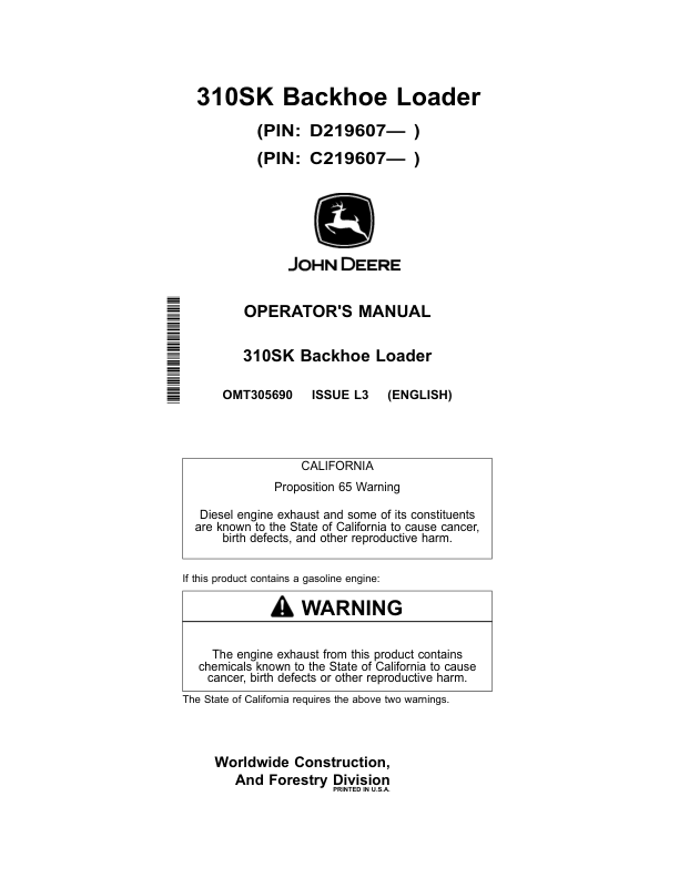 John Deere 310SK Backhoe Loaders Operator's Manuals (OMT305690)