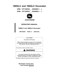 John Deere 160GLC, 180GLC Excavators Operator's Manuals (OMT306200)