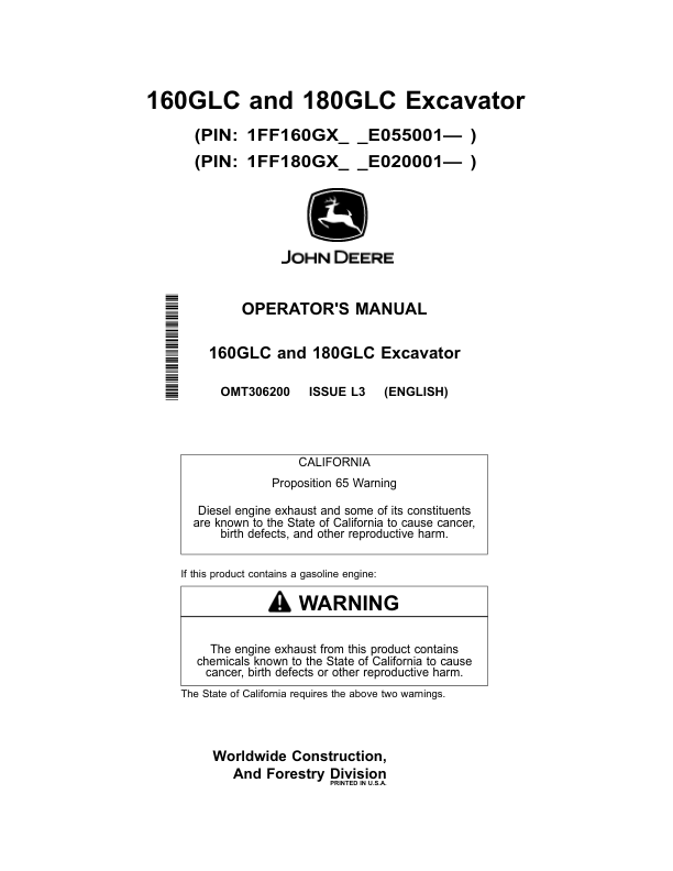 John Deere 160GLC, 180GLC Excavators Operator's Manuals (OMT306200)