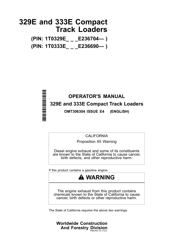 John Deere 329E, 333E Skid Steers Operator's Manuals (OMT306304)