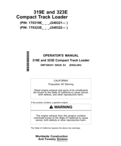 John Deere 319E, 323E Skid Steers Operator's Manuals (OMT306351)