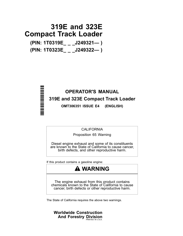 John Deere 319E, 323E Skid Steers Operator's Manuals (OMT306351)