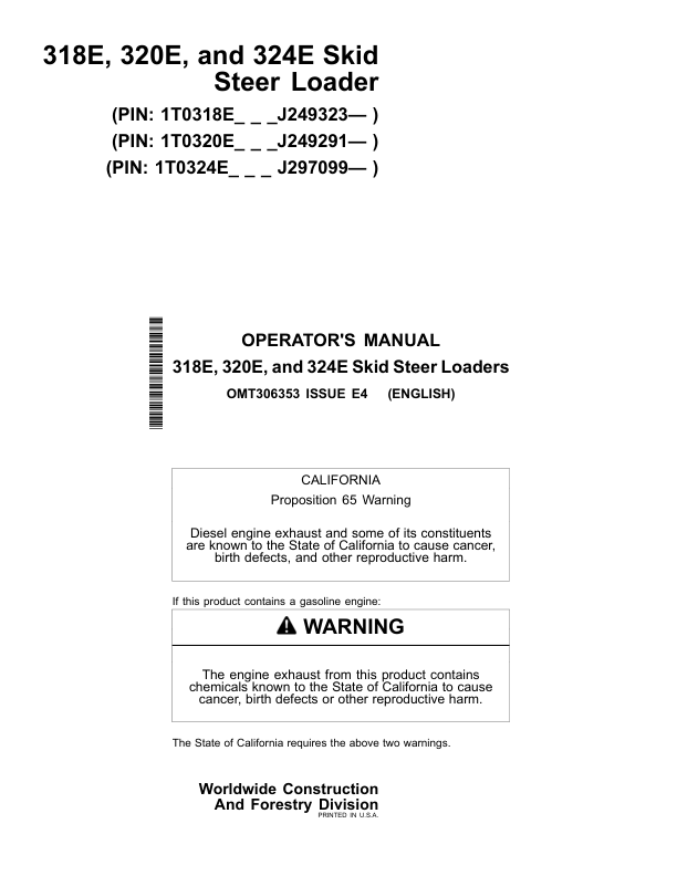 John Deere 318E, 320E, 324E Skid Steers Operator's Manuals (OMT306353)
