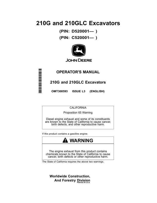 John Deere 210G, 210GLC Excavators Operator's Manuals (OMT308593)
