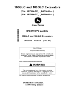 John Deere 160GLC, 180GLC Excavators Operator's Manuals (OMT308595)