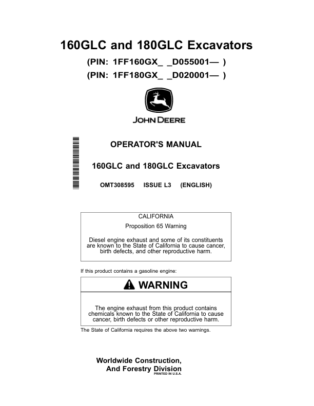 John Deere 160GLC, 180GLC Excavators Operator's Manuals (OMT308595)