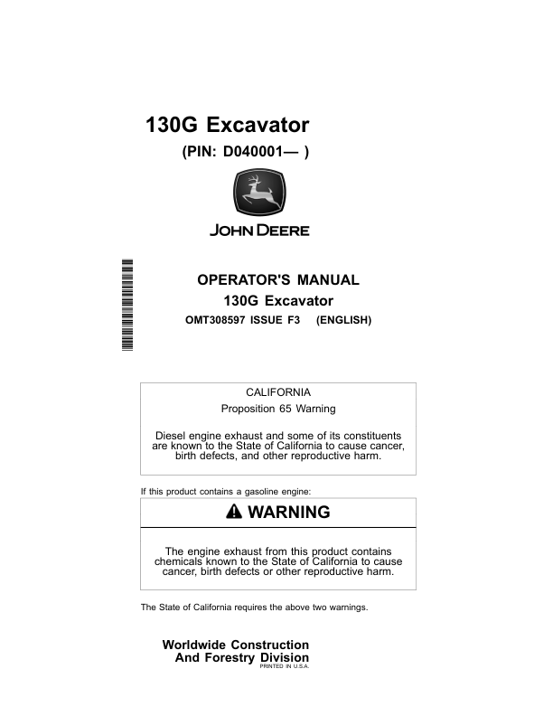 John Deere 130G Excavators Operator's Manuals (OMT308597)