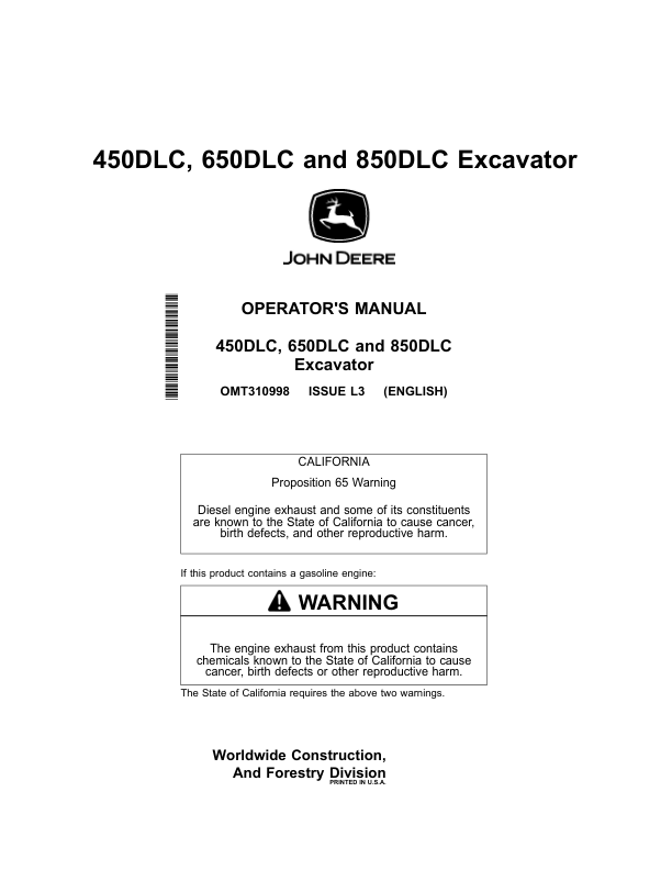 John Deere 450DLC, 650DLC, 850DLC Excavators Operator's Manuals (OMT310998)
